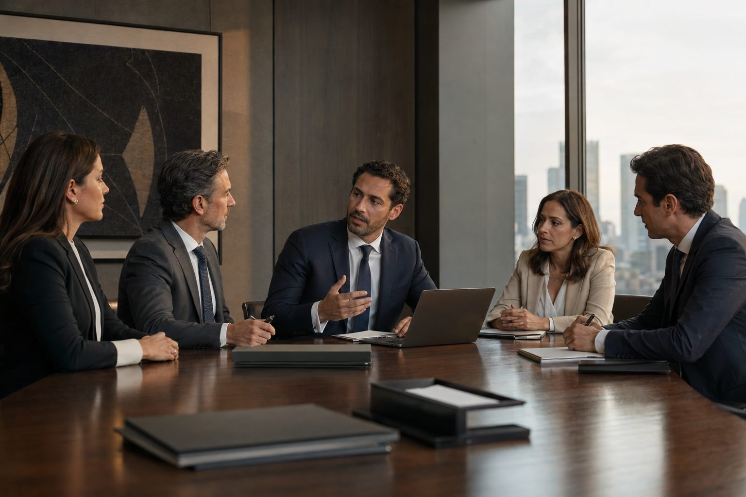 Abogados y clientes durante una reunión estratégica